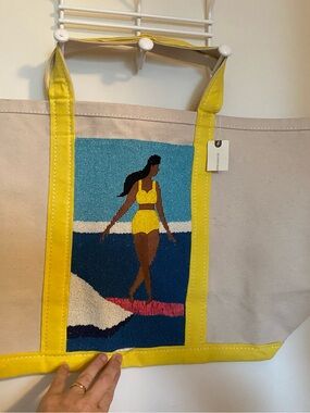 Anthropology-Brand Canvas Tote with Yellow Trim and Beading NWT